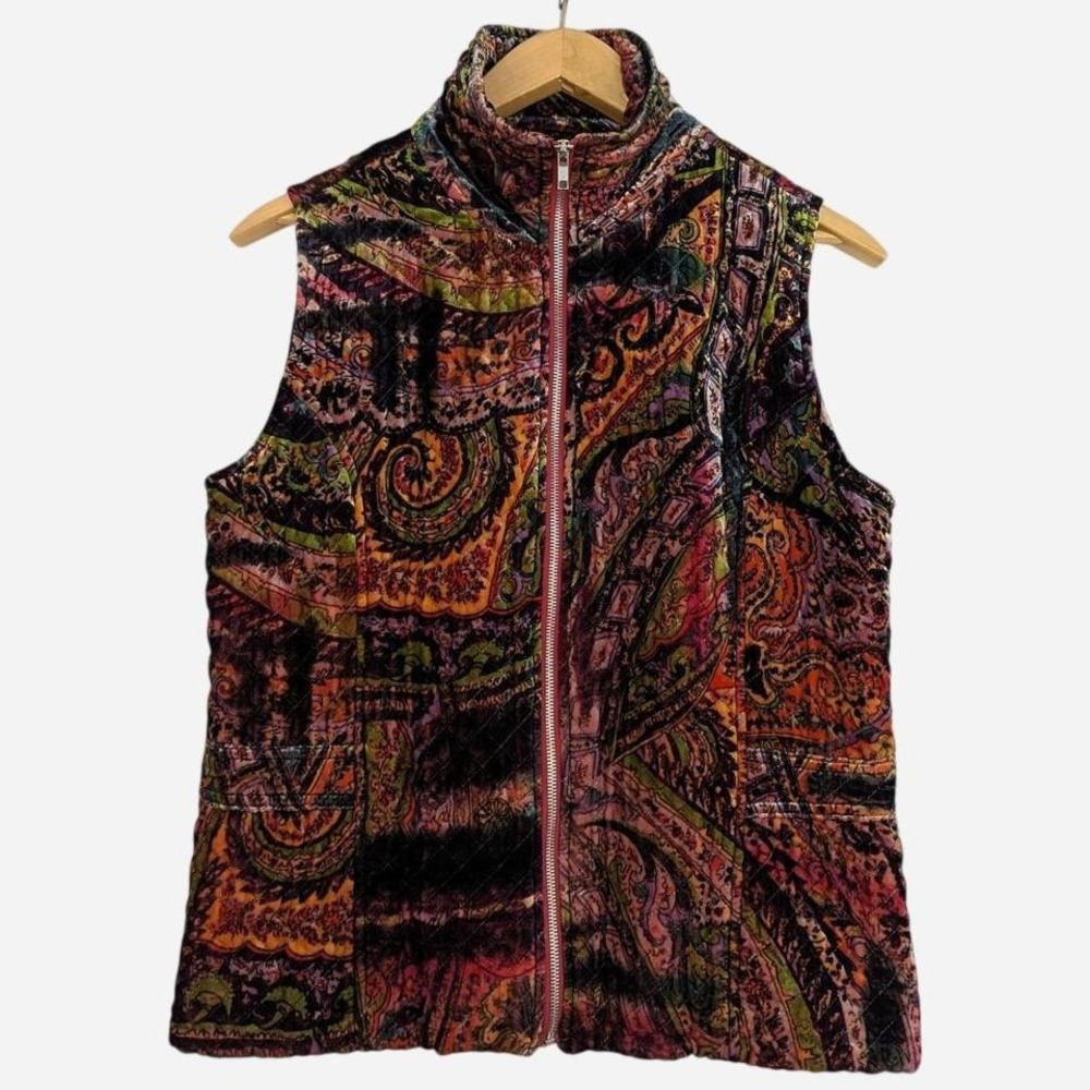 Chico's Burnout Velvet Paisley Zip Vest Rayon Silk Multicolor Size 1